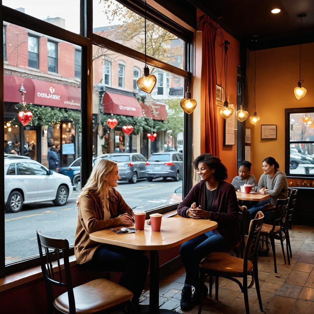A cozy coffee shop scene where diverse groups of people are sharing heartfelt stories, with a backdrop of an inviting city street. A writer sits at the window, capturing moments of romance and community bonding while soft light filters through the glass. Heart-shaped decorations subtly adorn the space, symbolizing love and connection. The atmosphere is warm and emotionally charged, evoking feelings of affection and inspiration. super-realistic. warm tones. vibrant colors.