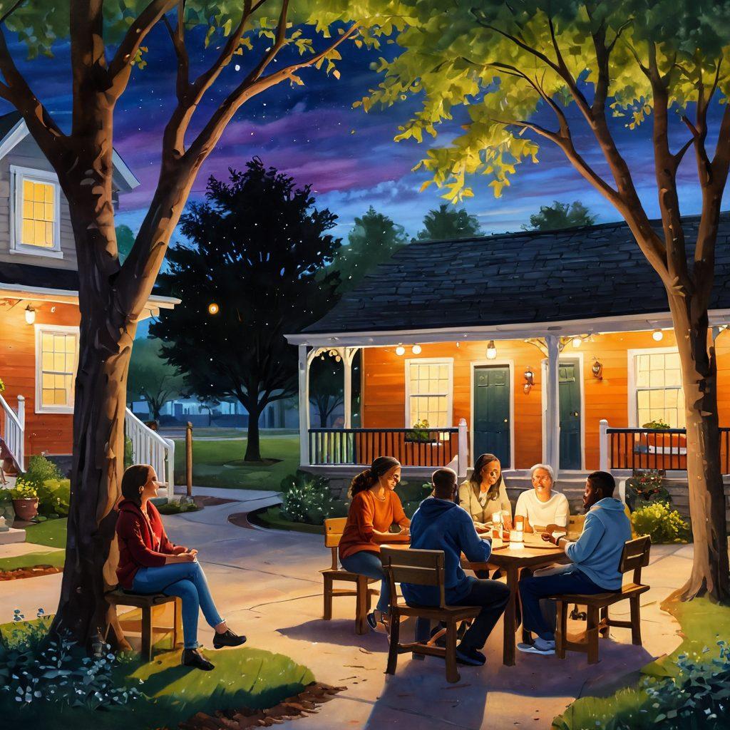 A cozy community gathering scene illustrating people of diverse backgrounds sharing stories and laughter, with warm, glowing lights surrounding them. Include visual elements like trees and benches to enhance an inviting atmosphere and soft expressions showcasing connection and emotion. The background should have subtle hints of homes and nature to represent community. vibrant colors. painting.