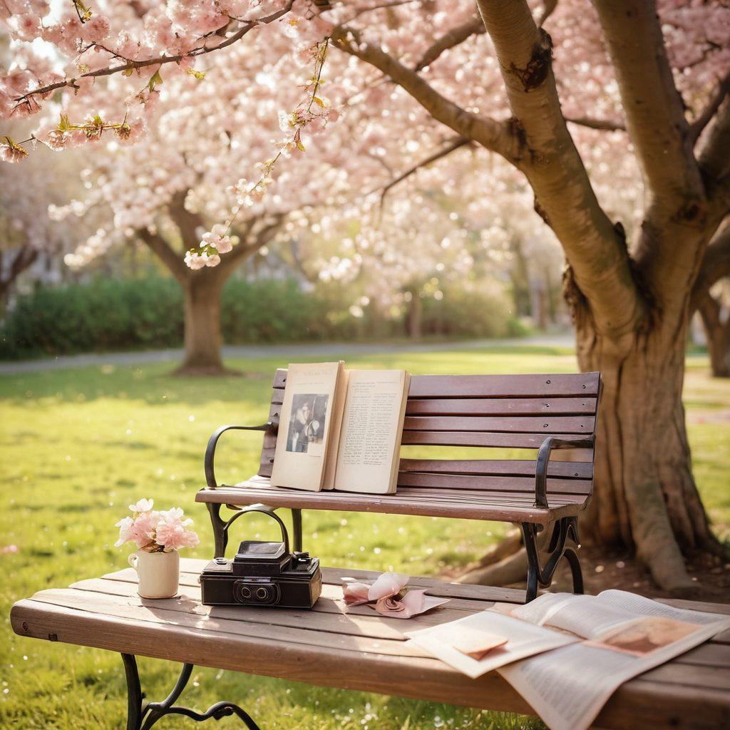 A whimsical scene capturing the essence of nostalgia in romantic stories, featuring a couple sitting on a park bench under a blooming cherry blossom tree, lost in a book filled with memories. Soft sunlight filters through the leaves, casting a warm glow, while scattered photographs and letters float gently around them, symbolizing cherished moments of the past. Include vintage elements like an antique camera and a record player nearby. pastel colors. dreamy style.